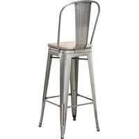 Lancaster Table & Seating Alloy Series Clear Coated Metal Indoor Industrial Cafe Bar Height Stool with Vertical Slat Back and Gray Wood Seat
