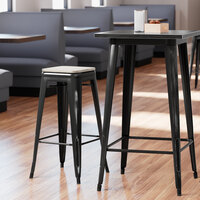 Lancaster Table & Seating Alloy Series Distressed Black Stackable Metal Indoor Industrial Barstool with Gray Wood Seat