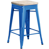Lancaster Table & Seating Alloy Series Blue Metal Indoor Industrial Cafe Counter Height Stool with Gray Wood Seat