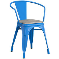 Lancaster Table & Seating Alloy Series Blue Metal Indoor Industrial Cafe Arm Chair with Vertical Slat Back and Gray Wood Seat