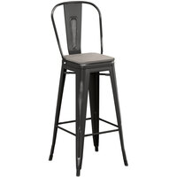 Lancaster Table & Seating Alloy Series Distressed Black Indoor Cafe Barstool with Gray Wood Seat