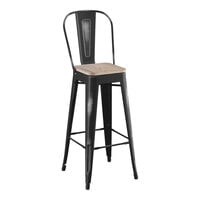 Lancaster Table & Seating Alloy Series Distressed Onyx Black Indoor Cafe Barstool with Gray Wood Seat