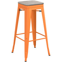 Lancaster Table & Seating Alloy Series Orange Stackable Metal Indoor Industrial Barstool with Gray Wood Seat