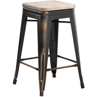 Lancaster Table & Seating Alloy Series Distressed Copper Metal Indoor Industrial Cafe Counter Height Stool with Gray Wood Seat