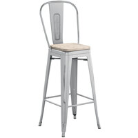 Lancaster Table & Seating Alloy Series Distressed Silver Metal Indoor Industrial Cafe Bar Height Stool with Vertical Slat Back and Gray Wood Seat
