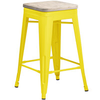 Lancaster Table & Seating Alloy Series Yellow Metal Indoor Industrial Cafe Counter Height Stool with Gray Wood Seat