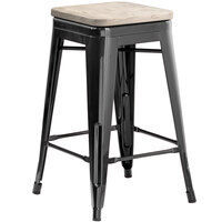 Lancaster Table & Seating Alloy Series Black Metal Indoor Industrial Cafe Counter Height Stool with Gray Wood Seat