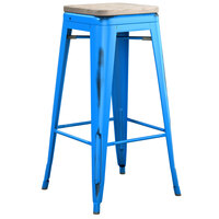 Lancaster Table & Seating Alloy Series Distressed Blue Stackable Metal Indoor Industrial Barstool with Gray Wood Seat