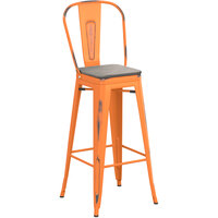 Lancaster Table & Seating Alloy Series Distressed Orange Metal Indoor Industrial Cafe Bar Height Stool with Vertical Slat Back and Gray Wood Seat