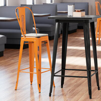 Lancaster Table & Seating Alloy Series Distressed Orange Metal Indoor Industrial Cafe Bar Height Stool with Vertical Slat Back and Gray Wood Seat