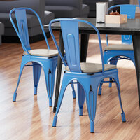 Lancaster Table & Seating Alloy Series Distressed Blue Metal Indoor Industrial Cafe Chair with Vertical Slat Back and Gray Wood Seat