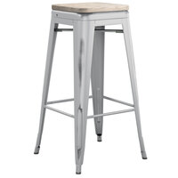 Lancaster Table & Seating Alloy Series Distressed Silver Stackable Metal Indoor Industrial Barstool with Gray Wood Seat