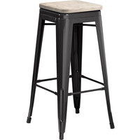 Lancaster Table & Seating Alloy Series Black Stackable Metal Indoor Industrial Barstool with Gray Wood Seat