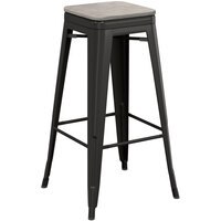 Lancaster Table & Seating Alloy Series Black Stackable Metal Indoor Industrial Barstool with Gray Wood Seat
