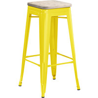 Lancaster Table & Seating Alloy Series Yellow Stackable Metal Indoor Industrial Barstool with Gray Wood Seat
