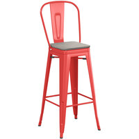 Lancaster Table & Seating Alloy Series Ruby Red Indoor Cafe Barstool with Gray Wood Seat