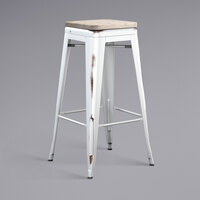 Lancaster Table & Seating Alloy Series Distressed White Stackable Metal Indoor Industrial Barstool with Gray Wood Seat