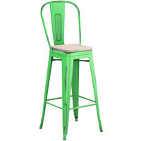 Lancaster Table & Seating Alloy Series Distressed Green Metal Indoor Industrial Cafe Bar Height Stool with Vertical Slat Back and Gray Wood Seat
