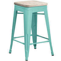 Lancaster Table & Seating Alloy Series Seafoam Metal Indoor Industrial Cafe Counter Height Stool with Gray Wood Seat
