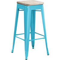 Lancaster Table & Seating Alloy Series Arctic Blue Stackable Metal Indoor Industrial Barstool with Gray Wood Seat