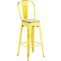 Lancaster Table & Seating Alloy Series Distressed Yellow Metal Indoor Industrial Cafe Bar Height Stool with Vertical Slat Back and Gray Wood Seat