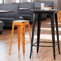 Lancaster Table & Seating Alloy Series Distressed Orange Stackable Metal Indoor Industrial Barstool with Gray Wood Seat