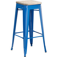 Lancaster Table & Seating Alloy Series Blue Stackable Metal Indoor Industrial Barstool with Gray Wood Seat