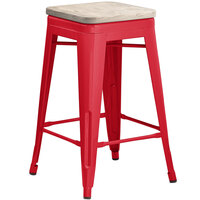 Lancaster Table & Seating Alloy Series Red Metal Indoor Industrial Cafe Counter Height Stool with Gray Wood Seat