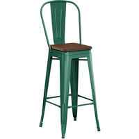 Lancaster Table & Seating Alloy Series Emerald Metal Indoor Industrial Cafe Bar Height Stool with Vertical Slat Back and Walnut Wood Seat