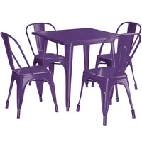 Lancaster Table & Seating Alloy Series 32 inch x 32 inch Purple Dining Height Outdoor Table with 4 Industrial Cafe Chairs