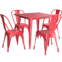 Lancaster Table & Seating Alloy Series 32" x 32" Distressed Red Dining Height Outdoor Table with 4 Industrial Cafe Chairs