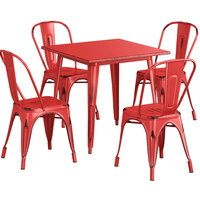 Lancaster Table & Seating Alloy Series 32 inch x 32 inch Distressed Red Dining Height Outdoor Table with 4 Industrial Cafe Chairs