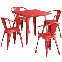 Lancaster Table & Seating Alloy Series 31 1/2" x 31 1/2" Distressed Ruby Red Standard Height Outdoor Table with 4 Arm Chairs