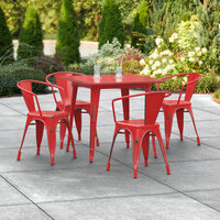 Lancaster Table & Seating Alloy Series 32 inch x 32 inch Distressed Red Dining Height Outdoor Table with 4 Arm Chairs