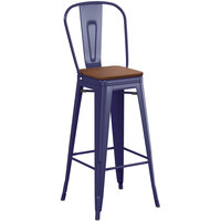 Lancaster Table & Seating Alloy Series Navy Metal Indoor Industrial Cafe Bar Height Stool with Vertical Slat Back and Walnut Wood Seat
