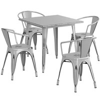 Lancaster Table & Seating Alloy Series 32 inch x 32 inch Distressed Silver Dining Height Outdoor Table with 4 Arm Chairs