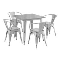 Lancaster Table & Seating Alloy Series 31 1/2" x 31 1/2" Distressed Silver Standard Height Outdoor Table with 4 Arm Chairs