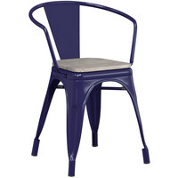 Lancaster Table & Seating Alloy Series Navy Metal Indoor Industrial Cafe Arm Chair with Vertical Slat Back and Gray Wood Seat