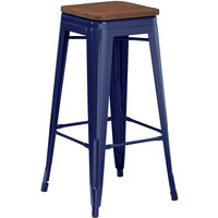 Lancaster Table & Seating Alloy Series Navy Stackable Metal Indoor Industrial Barstool with Walnut Wood Seat