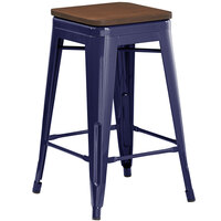 Lancaster Table & Seating Alloy Series Navy Metal Indoor Industrial Cafe Counter Height Stool with Walnut Wood Seat