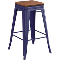 Lancaster Table & Seating Alloy Series Navy Metal Indoor Industrial Cafe Counter Height Stool with Walnut Wood Seat