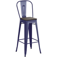 Lancaster Table & Seating Alloy Series Navy Metal Indoor Industrial Cafe Bar Height Stool with Vertical Slat Back and Black Wood Seat