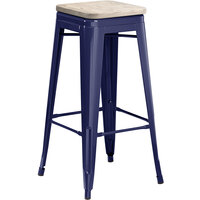 Lancaster Table & Seating Alloy Series Navy Stackable Metal Indoor Industrial Barstool with Gray Wood Seat