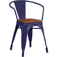 Lancaster Table & Seating Alloy Series Navy Metal Indoor Industrial Cafe Arm Chair with Vertical Slat Back and Walnut Wood Seat