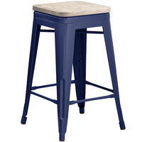 Lancaster Table & Seating Alloy Series Navy Metal Indoor Industrial Cafe Counter Height Stool with Gray Wood Seat
