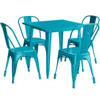 Lancaster Table & Seating Alloy Series 32 inch x 32 inch Teal Dining Height Outdoor Table with 4 Industrial Cafe Chairs