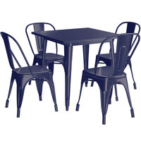 Lancaster Table & Seating Alloy Series 32 inch x 32 inch Navy Dining Height Outdoor Table with 4 Industrial Cafe Chairs