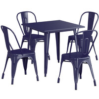 Lancaster Table & Seating Alloy Series 32" x 32" Navy Dining Height Outdoor Table with 4 Industrial Cafe Chairs
