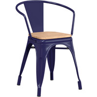 Lancaster Table & Seating Alloy Series Navy Metal Indoor Industrial Cafe Arm Chair with Vertical Slat Back and Natural Wood Seat