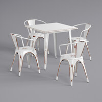 Lancaster Table & Seating Alloy Series 32 inch x 32 inch Distressed White Dining Height Outdoor Table with 4 Arm Chairs